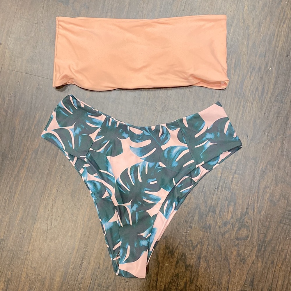 NWT Ruuhee Women High Cut Bandeau Tropical Leaf Printed Strapless Swimsuit - XL